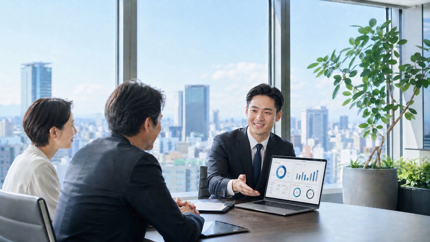 資料を見ながら事業改善の相談をしている様子
